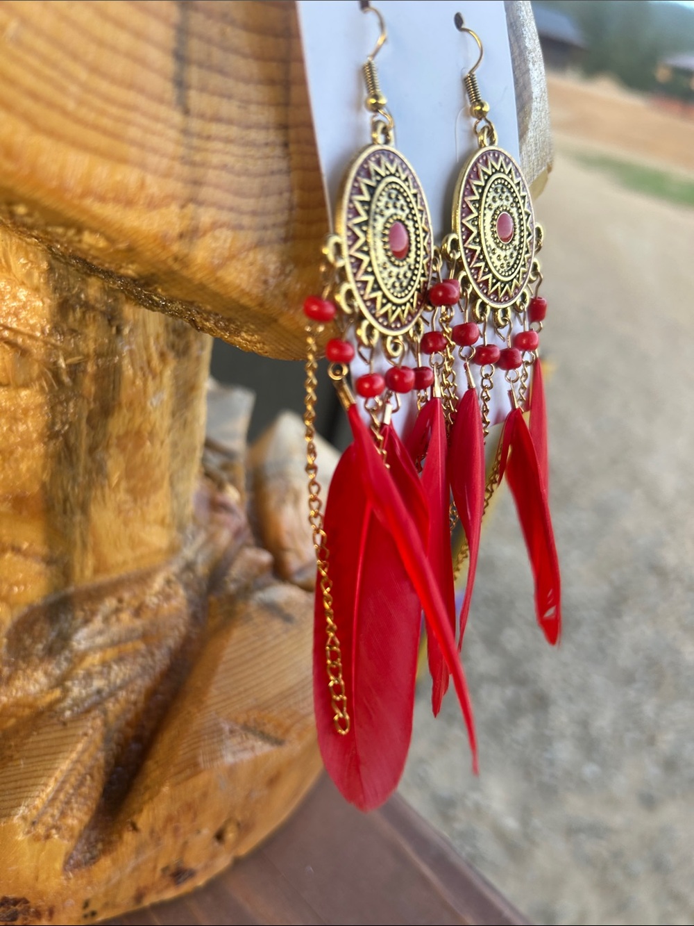 Red Feather Drop Earrings with Gold Medallions - Picture 3 of 8